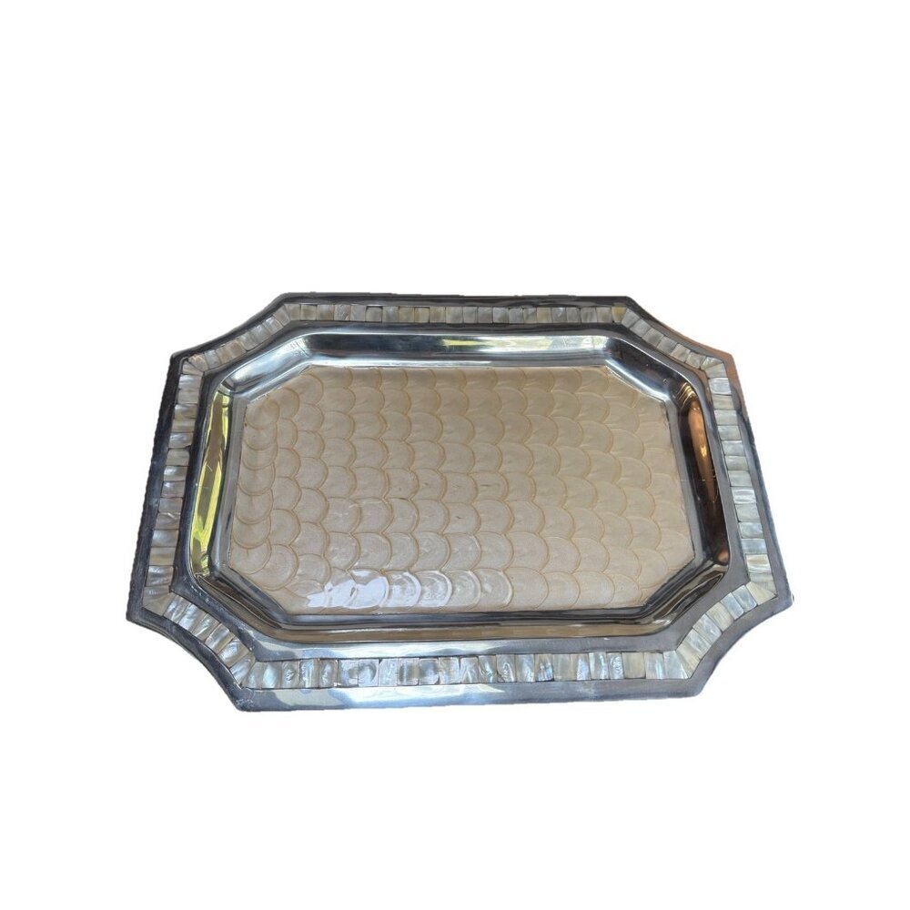 Silver-Tone Decorative Serving Tray with Shell Inlay